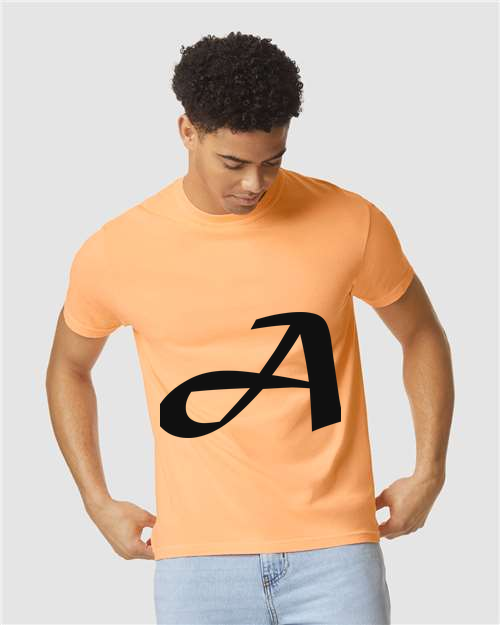 Alphabet A T-Shirt 9 inch calligraphy Black ink, Neon Cantaloupe