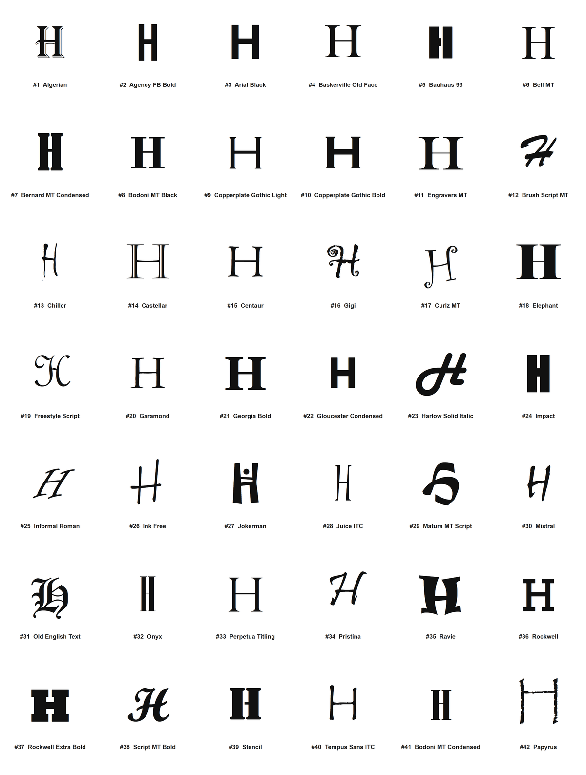 Pick your font - all 42 typefaces for letter H (preview)