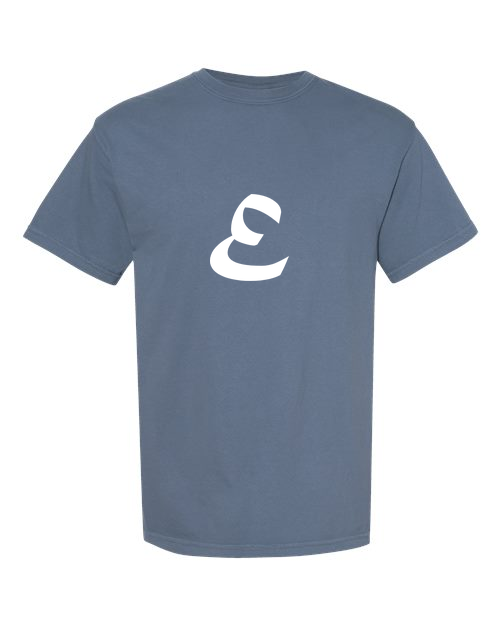 Alphabet E T-Shirt 9 inch calligraphy White ink, Blue Jean