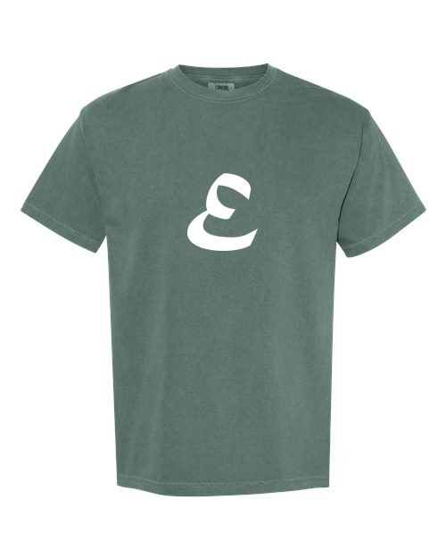 Alphabet E T-Shirt 9 inch calligraphy White ink, Blue Spruce