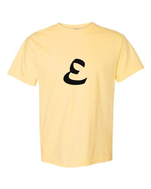Alphabet E T-Shirt 9 inch calligraphy Black ink, Butter