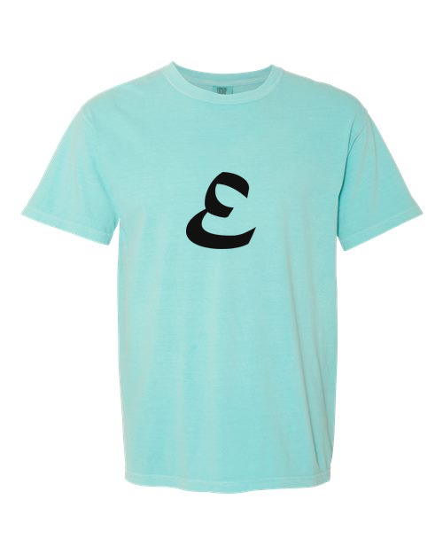 Alphabet E T-Shirt 9 inch calligraphy Black ink, Chalky Mint