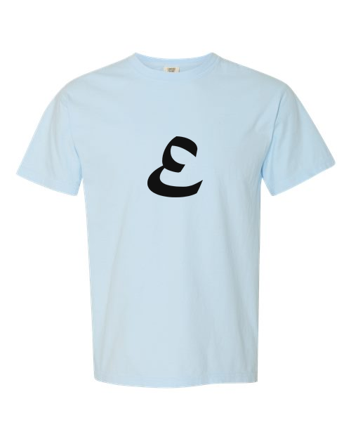 Alphabet E T-Shirt 9 inch calligraphy Black ink, Chambray