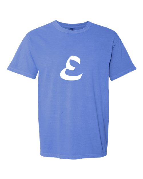 Alphabet E T-Shirt 9 inch calligraphy White ink, Flo Blue