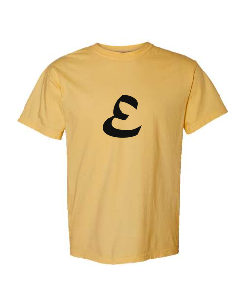 Alphabet E T-Shirt 9 inch calligraphy Black ink, Mustard