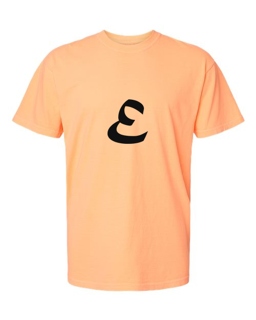 Alphabet E T-Shirt 9 inch calligraphy Black ink, Neon Cantaloupe