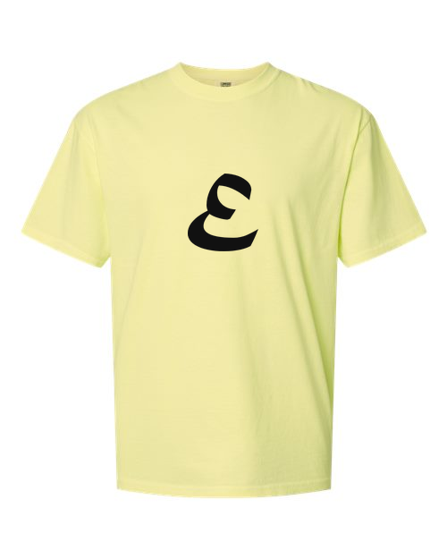 Alphabet E T-Shirt 9 inch calligraphy Black ink, Neon Lemon