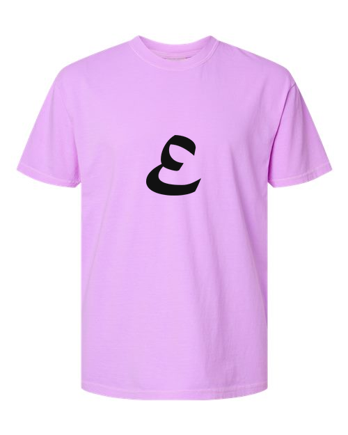 Alphabet E T-Shirt 9 inch calligraphy Black ink, Neon Violet