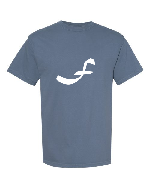 Alphabet F T-Shirt 9 inch calligraphy White ink, Blue Jean
