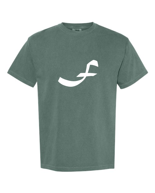 Alphabet F T-Shirt 9 inch calligraphy White ink, Blue Spruce