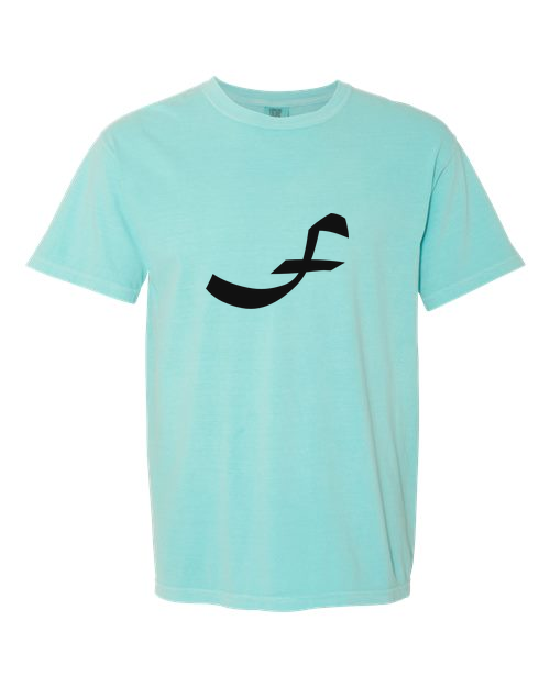 Alphabet F T-Shirt 9 inch calligraphy Black ink, Chalky Mint