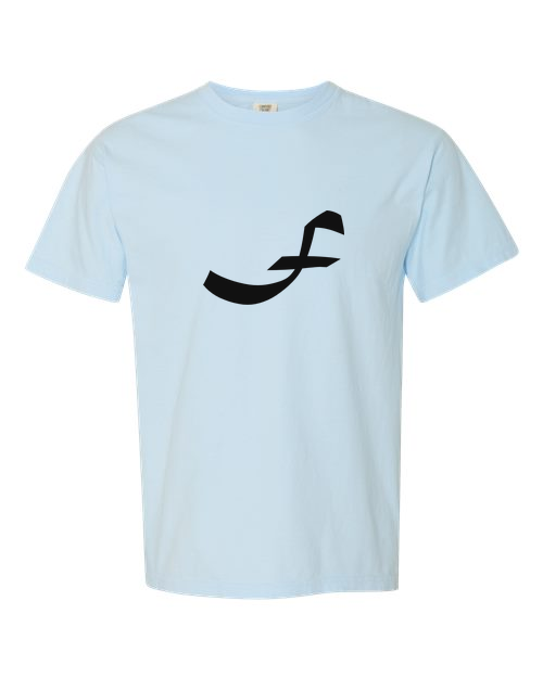 Alphabet F T-Shirt 9 inch calligraphy Black ink, Chambray