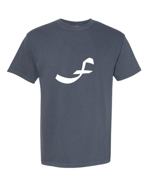 Alphabet F T-Shirt 9 inch calligraphy White ink, Denim