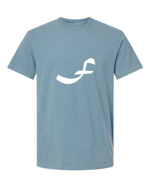 Alphabet F T-Shirt 9 inch calligraphy White ink, Ice Blue