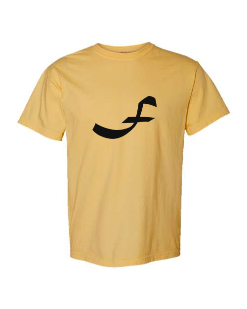 Alphabet F T-Shirt 9 inch calligraphy Black ink, Mustard