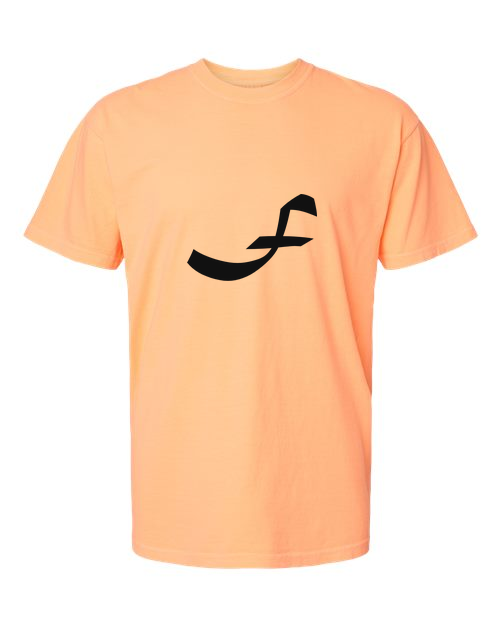 Alphabet F T-Shirt 9 inch calligraphy Black ink, Neon Cantaloupe