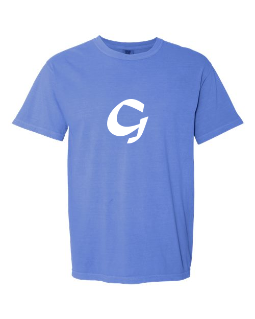 Alphabet G T-Shirt 9 inch calligraphy White ink, Flo Blue