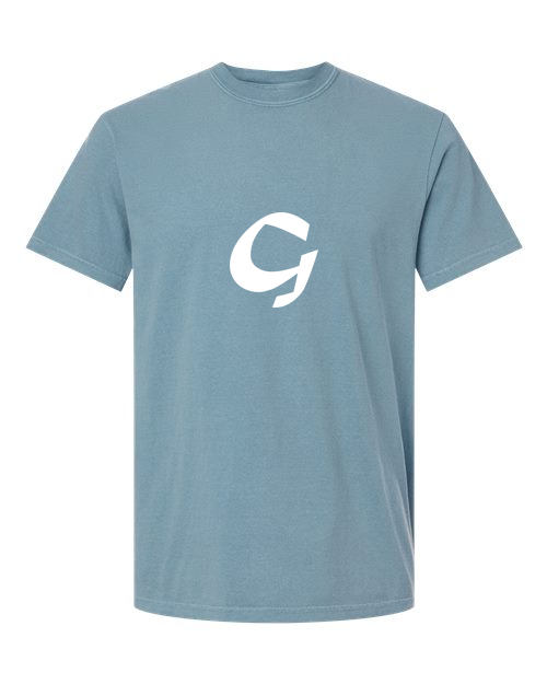 Alphabet G T-Shirt 9 inch calligraphy White ink, Ice Blue
