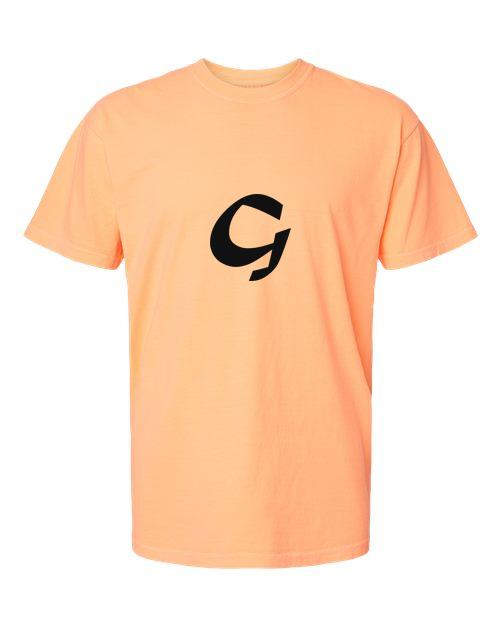 Alphabet G T-Shirt 9 inch calligraphy Black ink, Neon Cantaloupe