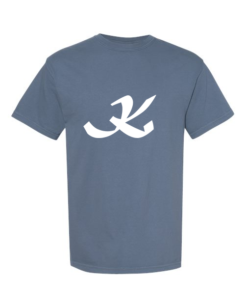 Alphabet K T-Shirt 9 inch calligraphy White ink, Blue Jean