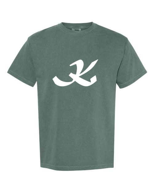 Alphabet K T-Shirt 9 inch calligraphy White ink, Blue Spruce