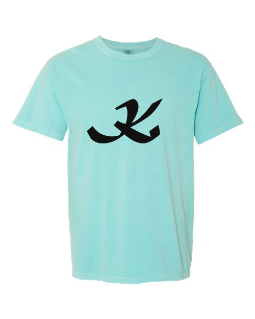 Alphabet K T-Shirt 9 inch calligraphy Black ink, Chalky Mint