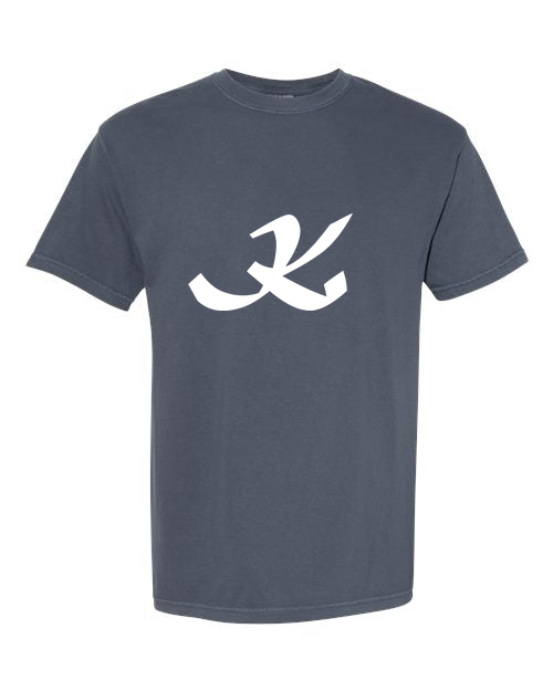 Alphabet K T-Shirt 9 inch calligraphy White ink, Denim
