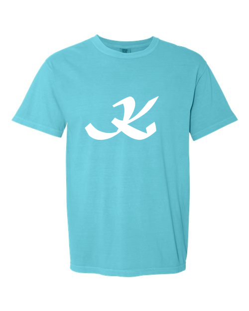 Alphabet K T-Shirt 9 inch calligraphy White ink, Lagoon