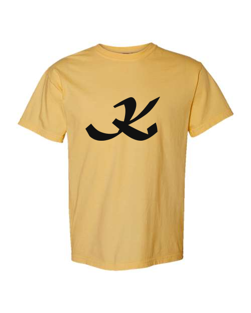 Alphabet K T-Shirt 9 inch calligraphy Black ink, Mustard
