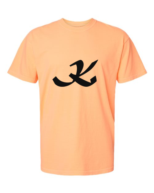 Alphabet K T-Shirt 9 inch calligraphy Black ink, Neon Cantaloupe