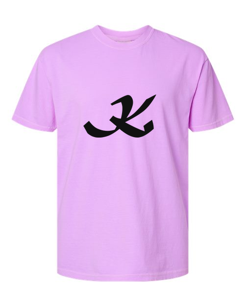 Alphabet K T-Shirt 9 inch calligraphy Black ink, Neon Violet