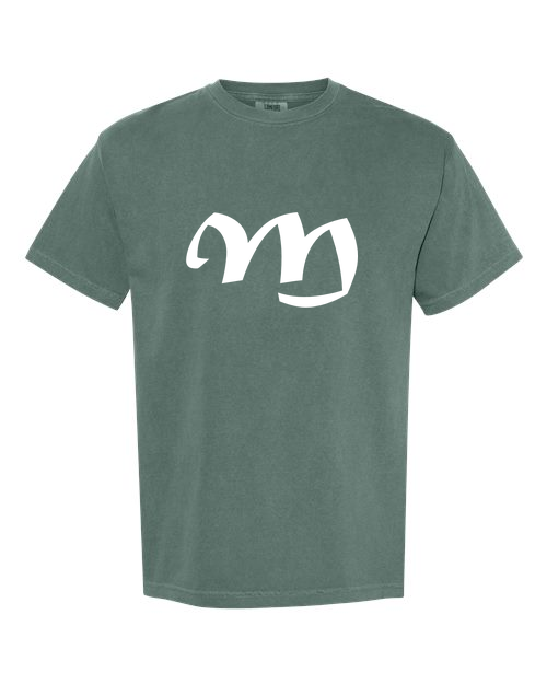 Alphabet M T-Shirt 9 inch calligraphy White ink, Blue Spruce