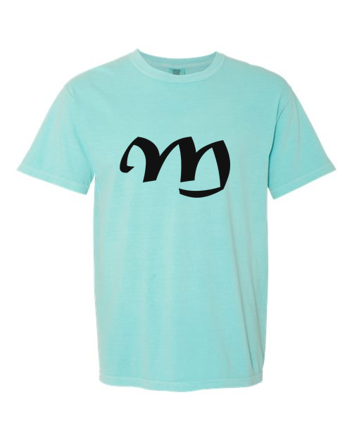Alphabet M T-Shirt 9 inch calligraphy Black ink, Chalky Mint