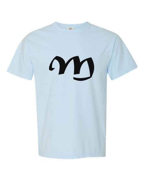 Alphabet M T-Shirt 9 inch calligraphy Black ink, Chambray