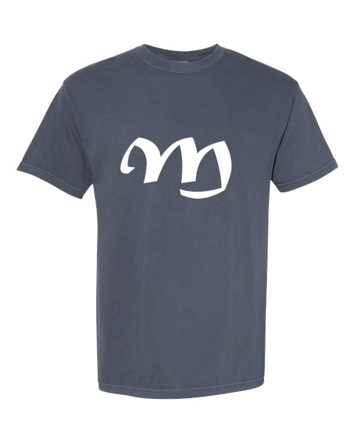 Alphabet M T-Shirt 9 inch calligraphy White ink, Denim