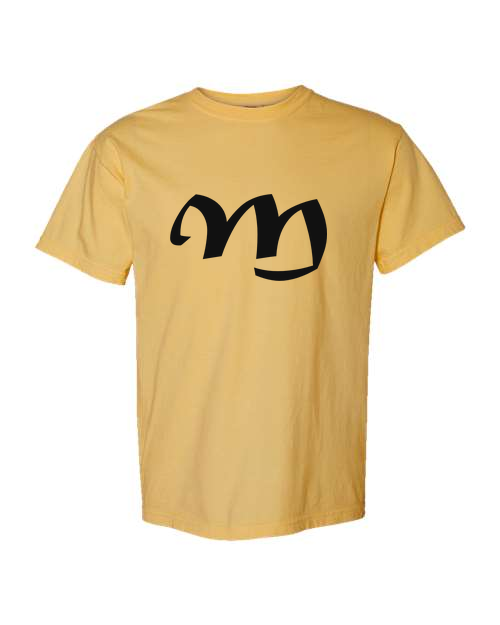 Alphabet M T-Shirt 9 inch calligraphy Black ink, Mustard