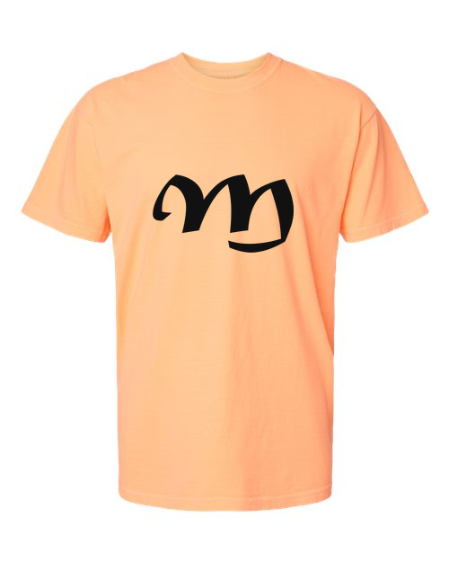 Alphabet M T-Shirt 9 inch calligraphy Black ink, Neon Cantaloupe