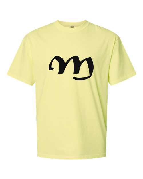 Alphabet M T-Shirt 9 inch calligraphy Black ink, Neon Lemon