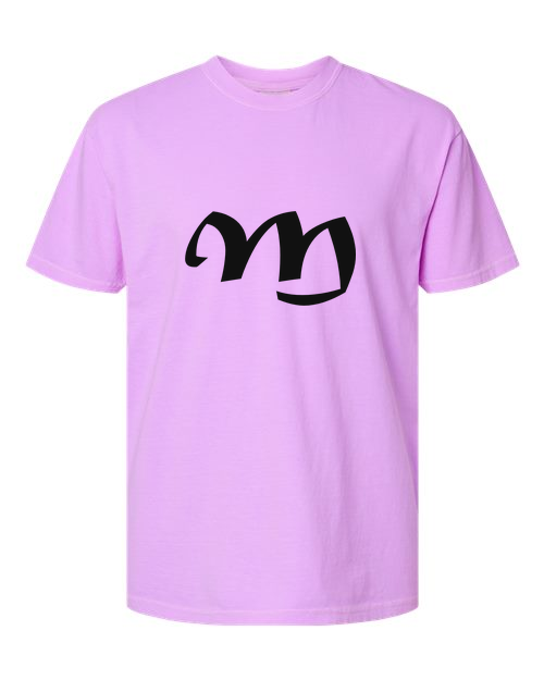 Alphabet M T-Shirt 9 inch calligraphy Black ink, Neon Violet