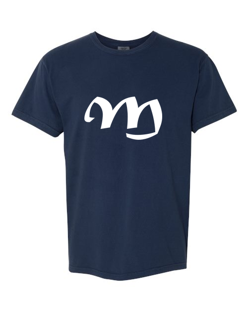 Alphabet M T-Shirt 9 inch calligraphy White ink, True Navy