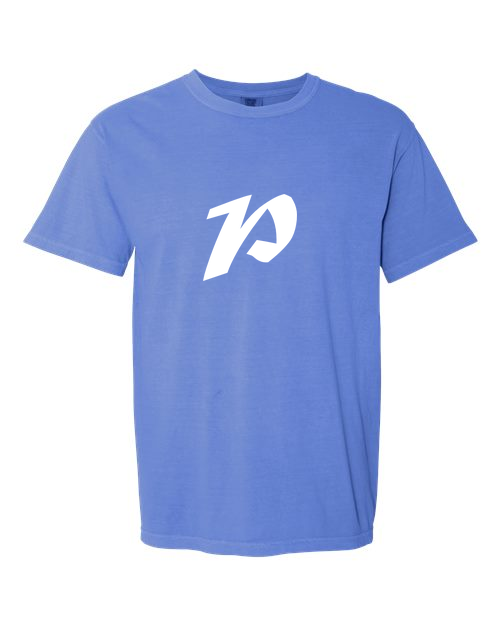Alphabet P T-Shirt 9 inch calligraphy White ink, Flo Blue