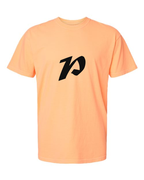 Alphabet P T-Shirt 9 inch calligraphy Black ink, Neon Cantaloupe