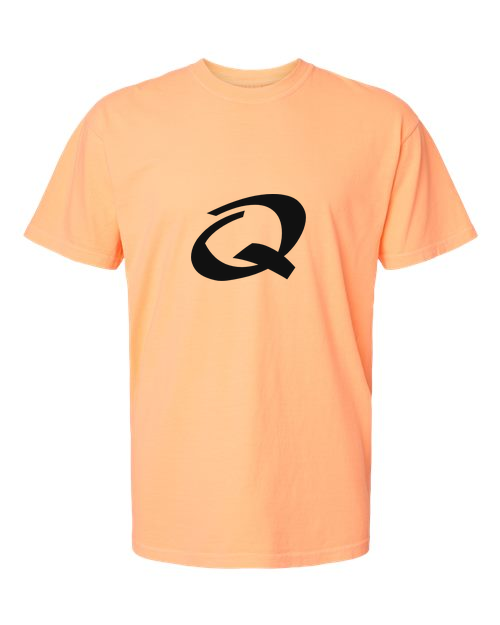 Alphabet Q T-Shirt 9 inch calligraphy Black ink, Neon Cantaloupe