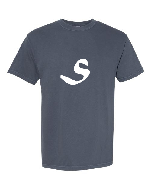 Alphabet S T-Shirt 9 inch calligraphy White ink, Denim
