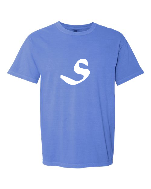 Alphabet S T-Shirt 9 inch calligraphy White ink, Flo Blue