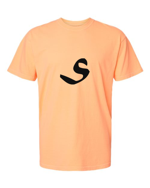 Alphabet S T-Shirt 9 inch calligraphy Black ink, Neon Cantaloupe