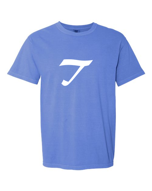 Alphabet T T-Shirt 9 inch calligraphy White ink, Flo Blue
