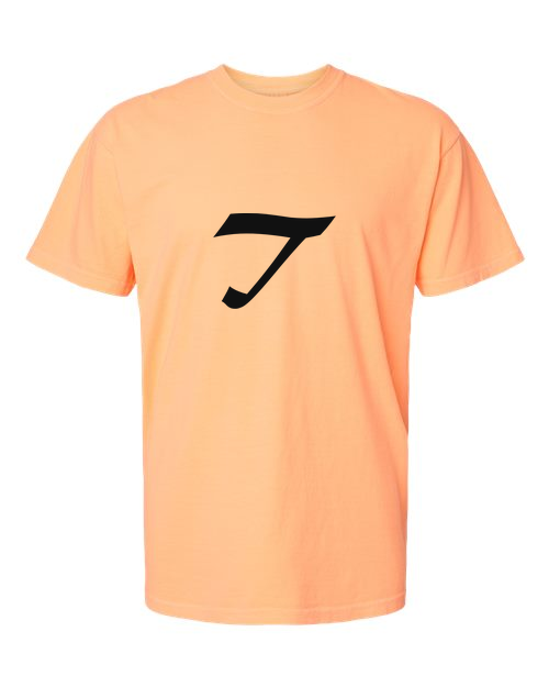 Alphabet T T-Shirt 9 inch calligraphy Black ink, Neon Cantaloupe