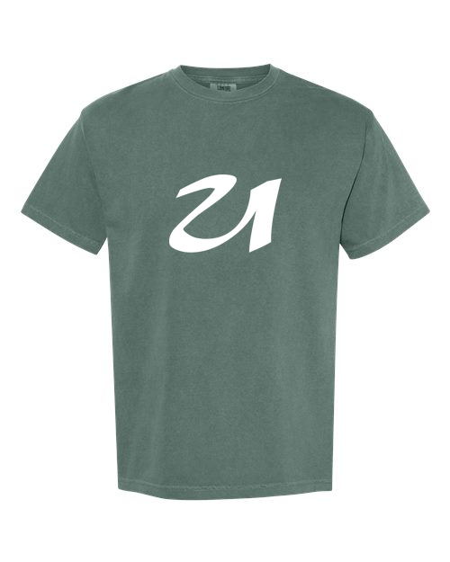 Alphabet U T-Shirt 9 inch calligraphy White ink, Blue Spruce