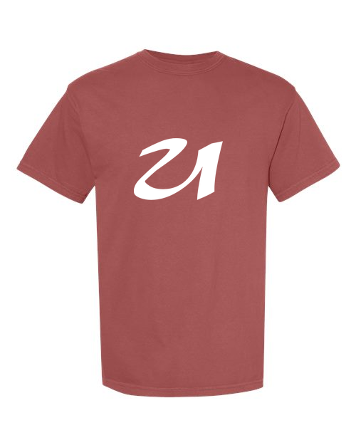 Alphabet U T-Shirt 9 inch calligraphy White ink, Brick